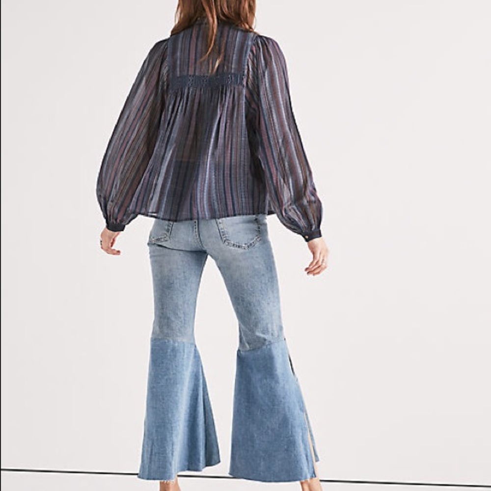 🍀 Lucky Brand Border Print Blue Peasant Blouse